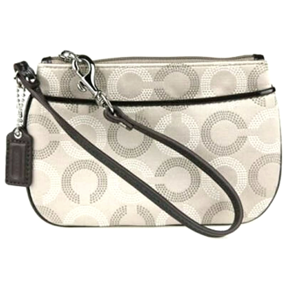 🤍 Coach Ashley Dotted Op Art Signature Khaki Mahogany Wristlet Clutch Pouch Bag